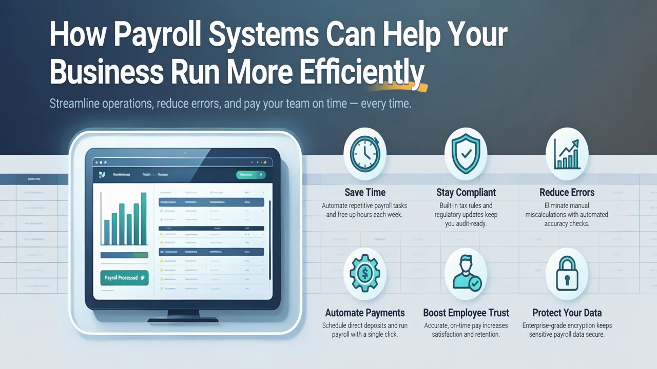 Payroll system dashboard showing automated payments, compliance, and error-reduction features